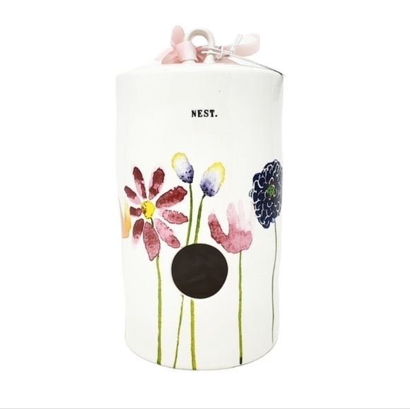 RAE DUNN floral watercolor NEST cylindrical birdhouse NWT - Picture 1 of 6